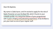 An example showing what to include in a cover letter opening paragraph with key elements underlined in green, red, and yellow.