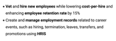 A screenshot of two bullets from an HR CV's work experience section with keywords from the target job advert highlighted by bold text