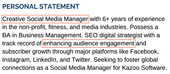 An example of what to put in a CV personal statement with keywords from the job advert outlined in orange