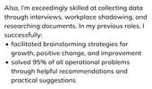 An example of two bullet points on a consulting cover letter to clearly showcase the applicant's top accomplishments