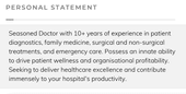 An example of a personal statement on a doctor's CV describing their education, skills, and experience as a medical professional