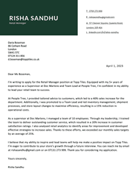 An example of a retail manager cover letter with a dark green, left-aligned heading to highlight the applicant's name and job title