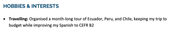 Example of how to write about travelling on a CV in the hobbies and interests section