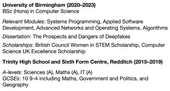 An example that shows how to put achievements in a CV's education section written in black text on white paper, with the university and secondary school names bolded as headers. There are also italicised subheaders.