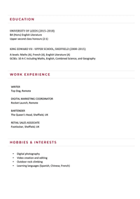 The second page of a content writer skills based CV example using a contemporary CV template in burgundy