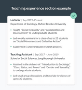 An example teaching experience section from an academic CV with two recent entries