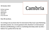 An example of Cambria used as a cover letter font