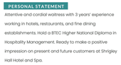 A waitress CV personal statement example with a green section header