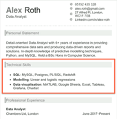 An example of a technical skills section being placed after a personal statement section and before the professional experience section of a CV