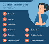 Nine critical skills for a CV are shown by orange icons and include curiosity, analysis, creativity, inference, research, communication, evaluation, problem solving, open-mindedness