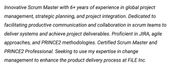 A scrum master CV example personal statement with 5 sentences describing the applicant's project management experience