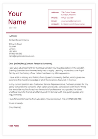 A short cover letter sample for a tour guiding job with a burgundy header and a few paragraphs of text.