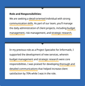 A cutting from a job advert and an example cover letter paragraph with common keywords highlighted in yellow to show how the applicant has tailored their short cover letter to the job.