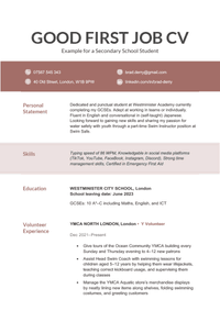 An example of a good CV for a secondary student's first job, with the contact information section highlighted in maroon and the skills section highlighted in a lighter maroon to display the applicant's contact details and skills more clearly