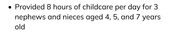 An example of a young applicant's work bullet point on their childcare CV describing their ability to take care of their nieces and nephews
