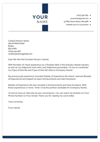 A short cover letter sample template with a blue and white header and a few paragraphs of text where the reader can insert their personal information.