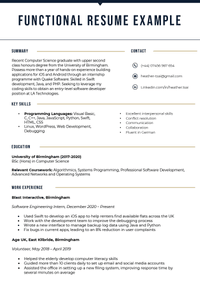 An image of a function resume example with a dark blue header and sections for the applicant's summary, contact information, key skills, education, and work experience
