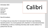 An example of Calibri used as a cover letter font