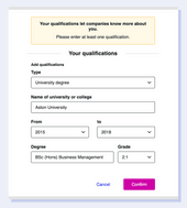 A screenshot from the Reed CV builder showing how you enter your education experience into the system.