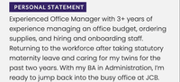 A CV personal statement for someone returning to the workforce with 'Personal Statement' highlighted in purple on a grey background.