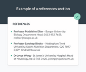 The references section of an academic CV with the contact information of three biology experts.