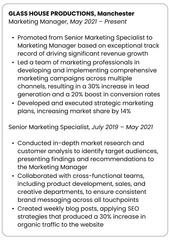 An example work experience entry that demonstrates how to show a promotion on a CV, using black text with a bolded header and 2 bulleted lists, each under a subheading with a job title and dates the role was held.