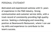 An example of a waitress CV example displaying the applicant's personal statement in three concise sentences