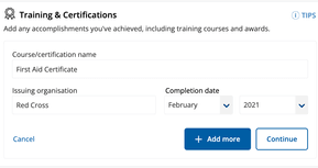The training section of CV Library's curriculum vitae builder.