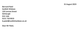 The recruiting manager's full address on a cover letter, with the date right aligned, and the employer's address left aligned.
