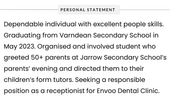 A school leaver CV example showcasing an entry-level applicant's personal statement