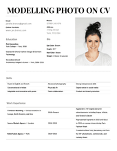 A modelling CV with a headshot on the right side of the header