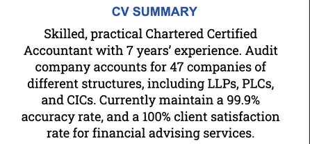A CV summary for an accountant with a royal blue title/