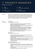 An IT project manager CV with a bold dark blue header to highlight the applicant's name and contact information and two sections displaying the applicant's profile and work experience.