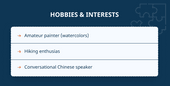 A hobbies and interests section that includes a foreign language ability (Chinese)
