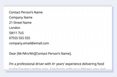 An example example of a correctly formatted cover letter address that shows the spacing between a cover letter's contact information, greeting, and intro paragraph.