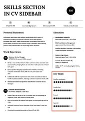 A CV skills section with skills bubbles highlighted with an orange box in the sidebar on the first page of a CV example