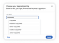 A LinkedIn pop-up box prompting the user to enter their desired job title, in which the user has entered 'Copywriter' and a drop-down menu has appeared with keyword suggestions.