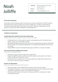 First page of a CV example for a 16-year-old with no experience 