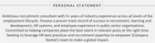 A screenshot of a personal statement on a recruitment consultant CV