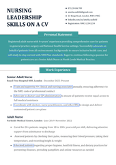A CV example with nursing leadership skills highlighted in blue boxes. The sample features a teal background behind a personal statement written in white text and each CV section has a centered green box with white header text.