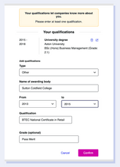 A BTEC qualification entered correctly using the Reed CV builder.