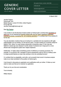 A generic cover letter example with a green header and a left-aligned body. Highlights in green, yellow, and orange point out features mentioned in the description of this cover letter example.