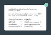 An example showing how to write an International Baccalaureate qualification on a CV, with individual subjects and their A Level grade equivalents organised in columns