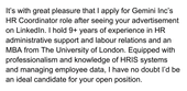 An example of an opening statement from an HR cover letter that states the applicant's years of experience, schooling, relevant skills, and where they found the open position