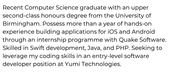 A graduate CV personal statement example with a paragraph describing the applicant's job-relevant skills and experience