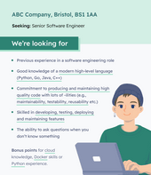 A job advert for a senior software engineer role with hard skills underlined in green and an image of a job hunter in the background.