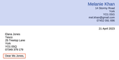 An example of how to address a cover letter showing the top of a letter with a light blue header and that applicant's contact information and date right-aligned and the contact person's information left-aligned above a professional salutation