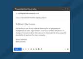A prospecting email letter shown in front of a dark blue background for a receptionist role greeting the contact person using 'To Whom It May Concern'