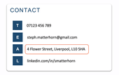 A CV contact information section with the first letter of each item in blue boxes as item headers. The applicant's address is emphasised by an orange outline.