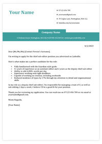 A short cover letter sample for an editor position with a bulleted list to briefly summarise the applicant's key achievements.